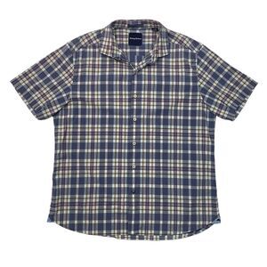 Tommy Bahama Shirt Mens L Large Blue Plaid Cotton Stretch Cotton Cutaway Collar
